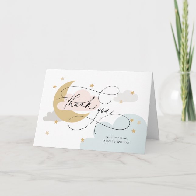 Moon and Stars Colourful Script Baby Shower Thank You Card (Front)