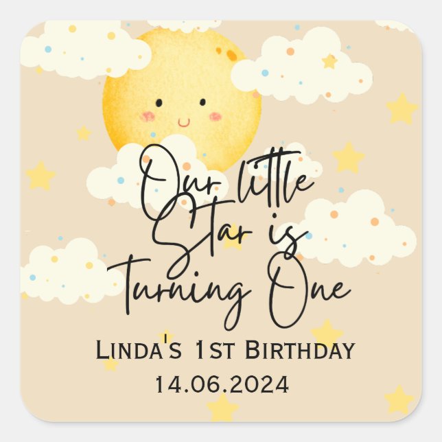 Moon and Stars Cream 1st Birthday Thank You  Square Sticker (Front)