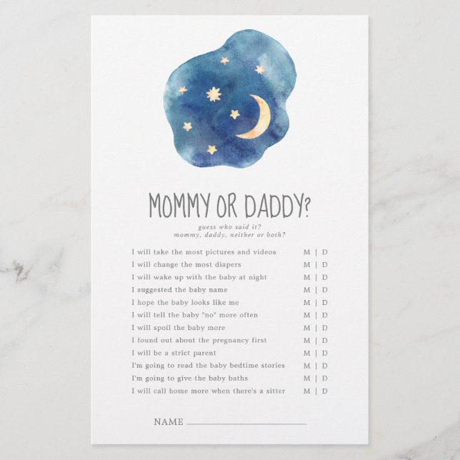Moon and Stars Gender Neutral Mummy or Daddy Game (Front)