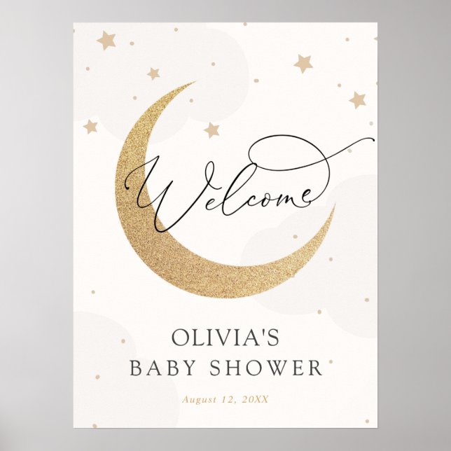 Moon and Stars Grey Baby Shower Welcome Sign (Front)