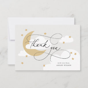 Moon and Stars Grey Gold Script Baby Shower Thank You Card