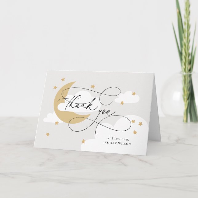 Moon and Stars Grey Gold Script Baby Shower Thank You Card (Front)