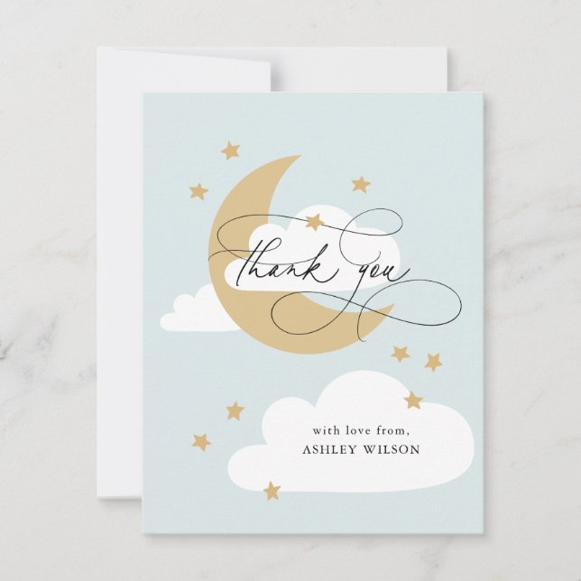Moon and Stars Matte Blue Script Baby Shower Thank Thank You Card (Front)
