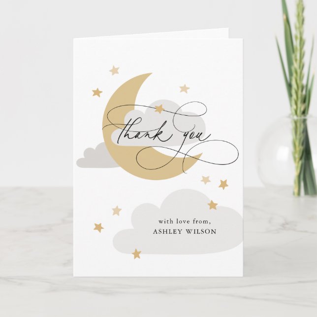 Moon and Stars Matte Greys Script Baby Shower Than Thank You Card (Front)