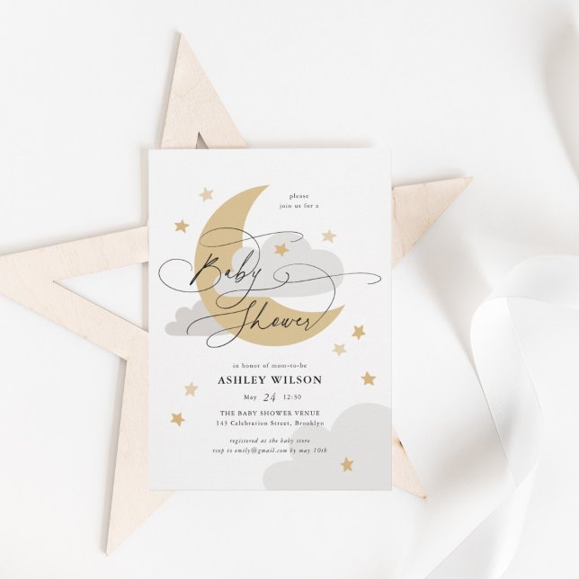 Moon and Stars Matte Neutrals Script Baby Shower Invitation (Creator Uploaded)