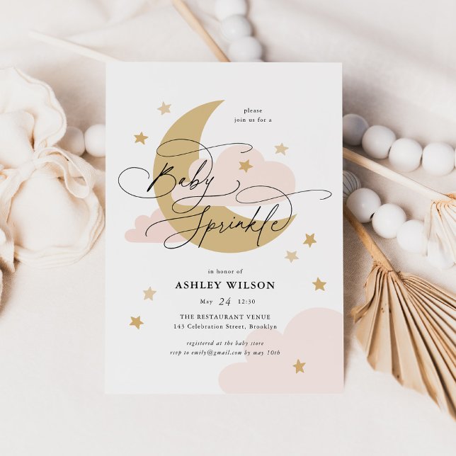 Moon and Stars Matte Pinks Script Baby Sprinkle Invitation (Creator Uploaded)