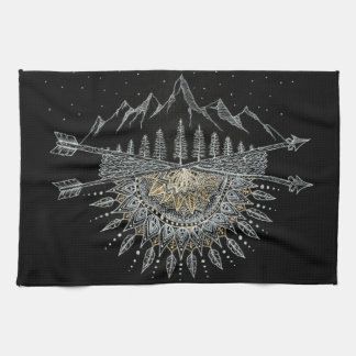 Moon and Stars Night Sky Mountain Range Mandala Tea Towel