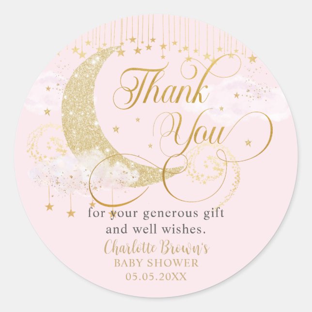 Moon and Stars Pastel Pink Baby Shower Thank You Classic Round Sticker (Front)