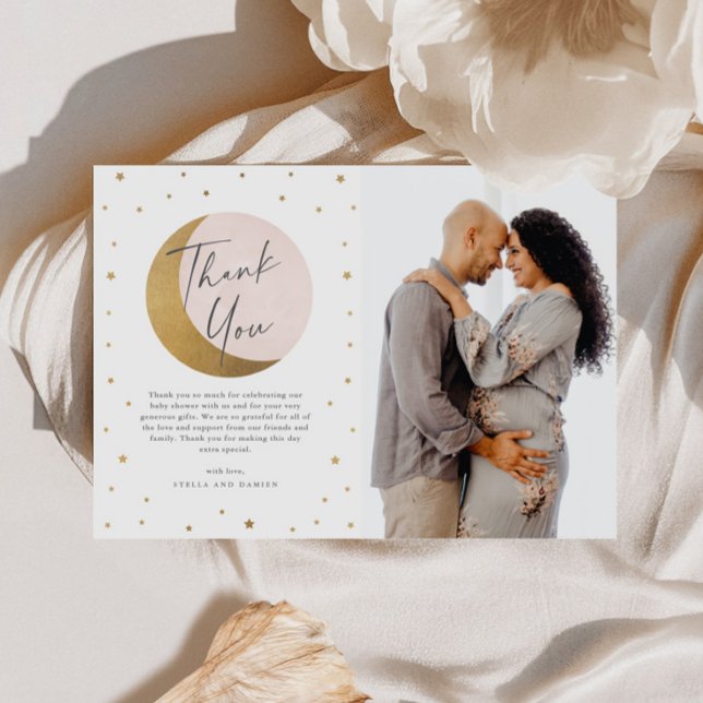 Moon and stars photo baby shower thank you card (Gold Moon and Stars Pink Girls Baby Shower Photo Thank You Card.)
