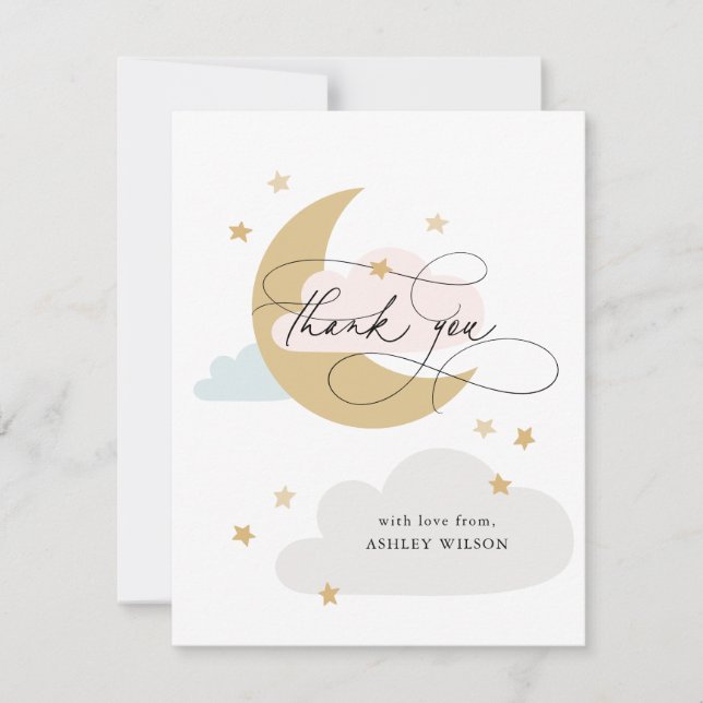 Moon and Stars Pink Blue Script Baby Shower Thank You Card (Front)