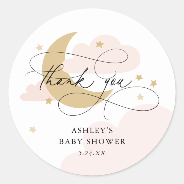 Moon and Stars Pink Script Baby Shower Thank You Classic Round Sticker (Front)