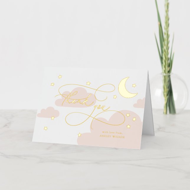 Moon and Stars Pink Script Baby Thank You Foil Greeting Card (Front)