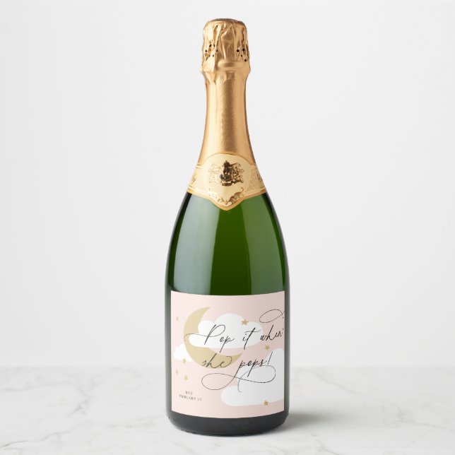 Moon and Stars Pink Script Pop It When She Pops Ch Sparkling Wine Label (Front)