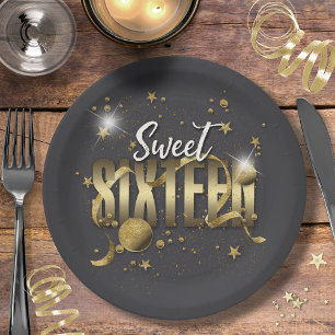 Moon and Stars Sweet 16  Gold/Blk ID788 Paper Plate