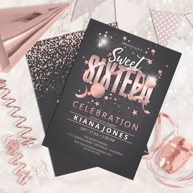 Moon and Stars Sweet 16 Rose Gold/Blk ID788 Invitation (Creator Uploaded)