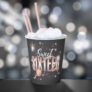 Moon and Stars Sweet 16 Rose Gold/Blk ID788 Paper Cups