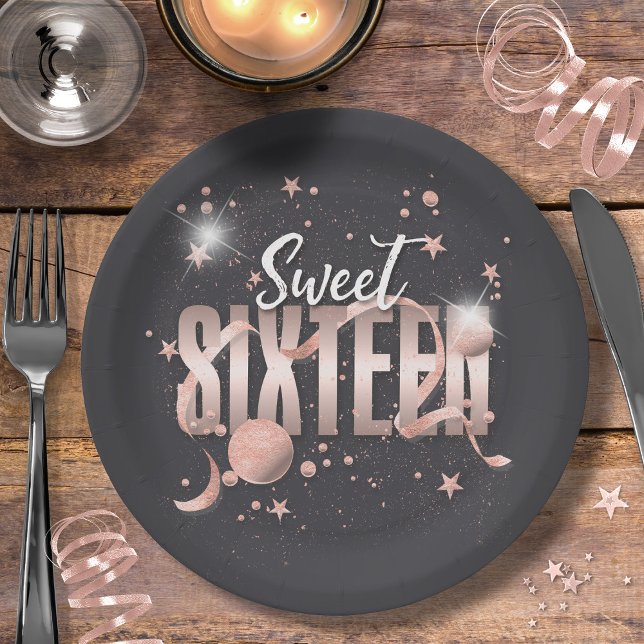 Moon and Stars Sweet 16  Rose Gold/Blk ID788 Paper Plate (Creator Uploaded)