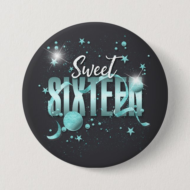 Moon and Stars Sweet 16 Teal/Blk ID788 7.5 Cm Round Badge (Front)