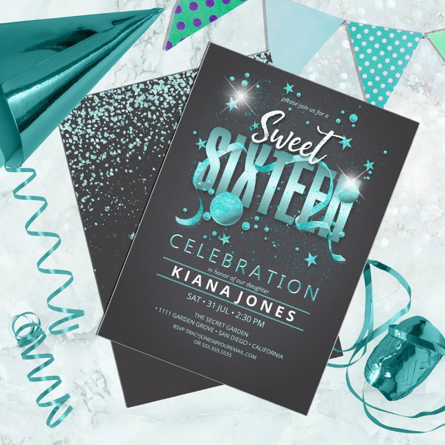 Moon and Stars Sweet 16 Teal/Blk ID788 Invitation (Creator Uploaded)