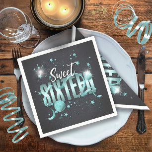 Moon and Stars Sweet 16 Teal/Blk ID788 Napkin