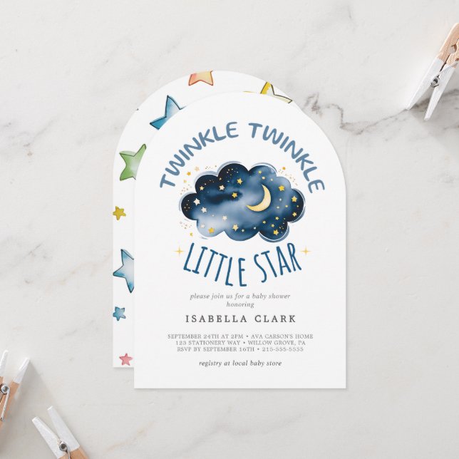 Moon and Stars Twinkle Twinkle Little Star  Invitation (Front/Back In Situ)