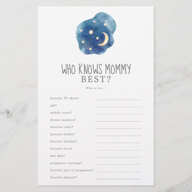 Moon and Stars Who Knows Mummy Best Trivia Game Flyer (Front)