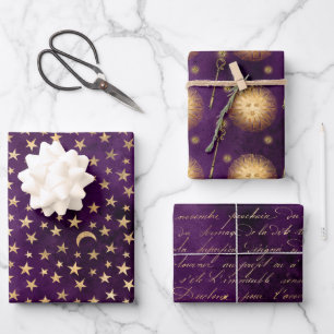 Moon and Stars Wrapping Paper Flat Sheet Set of 3