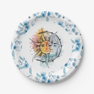 Moon and sun. Vintage style illustration. Blue Paper Plate