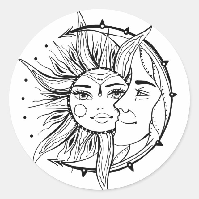 Moon and sun. Vintage style tattoo illustration Classic Round Sticker (Front)