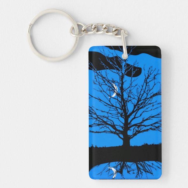 Moon and Tree, Cobalt Blue, Black & White Key Ring (Front)