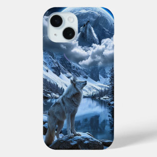 Moon and Wolf Night Sky Nature Night Landscape iPhone 15 Case