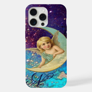 MOON ANGEL IN BLUE GOLD SPARKLES Monogram iPhone 15 Pro Max Case