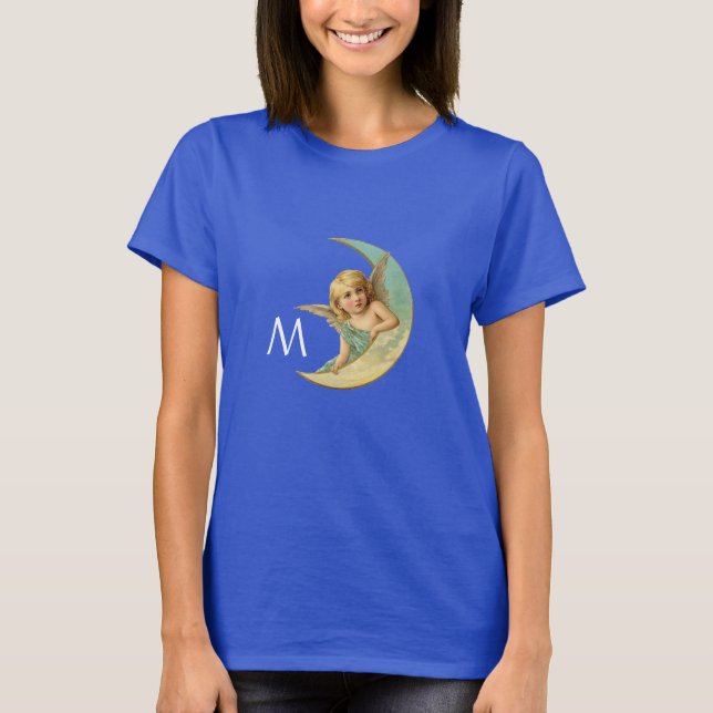MOON ANGEL IN BLUE GOLD YELLOW SPARKLES MONOGRAM T-Shirt (Front)