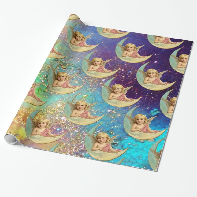 MOON ANGEL IN PINK ,BLUE GOLD YELLOW SPARKLES WRAPPING PAPER (Unrolled)