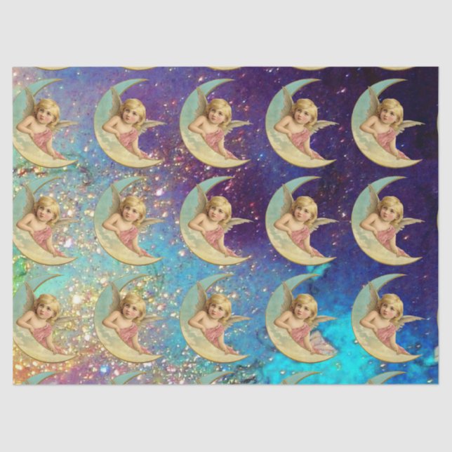 MOON ANGELS IN BLUE GOLD YELLOW SPARKLES TISSUE PAPER (Front)