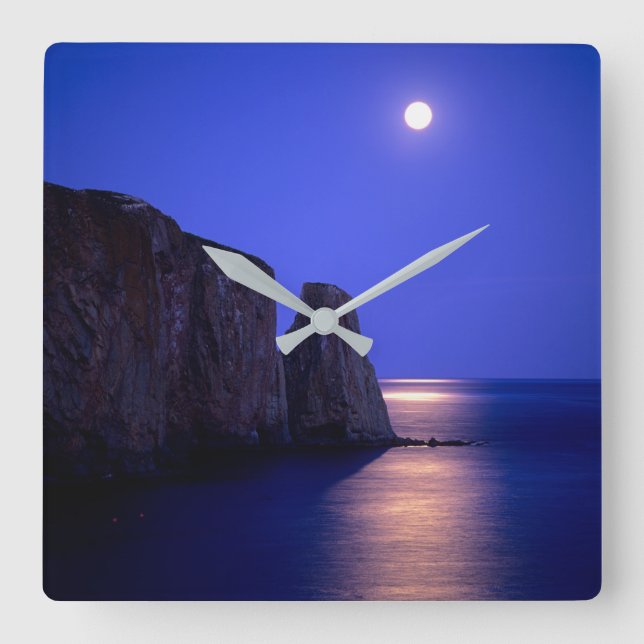 Moon At Dusk | Perce Rock Gaspe Coast Quebec Square Wall Clock (Front)