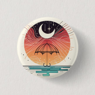 Moon Balancing Rainfall in Boho Line Art 3 Cm Round Badge