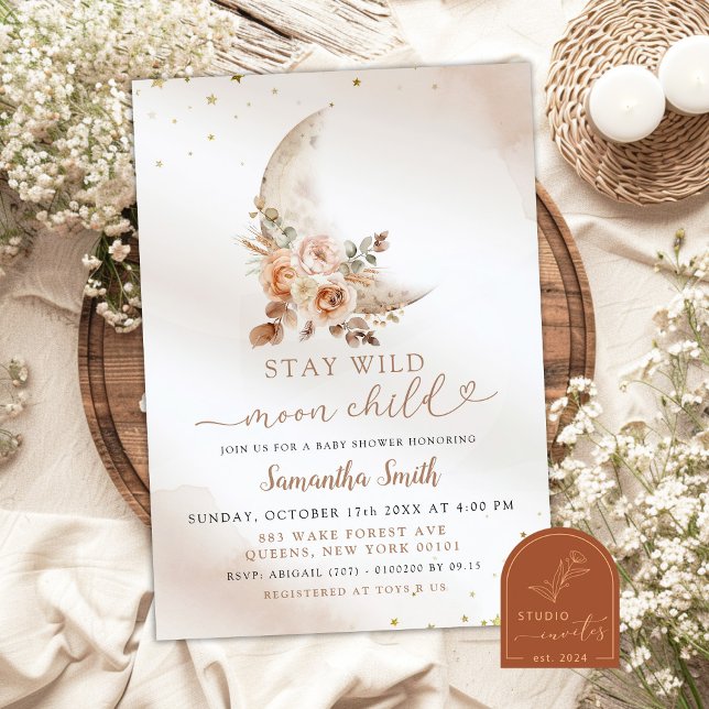 Moon Beige Boho Floral Girl Baby Shower Invitation (Creator Uploaded)