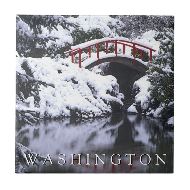 Moon Bridge & Pond in Winter | Seattle, Washington Tile (Front)