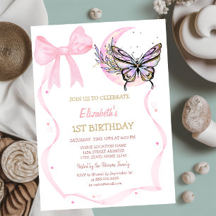 Moon Butterfly Bow Striped Birthday Invitation