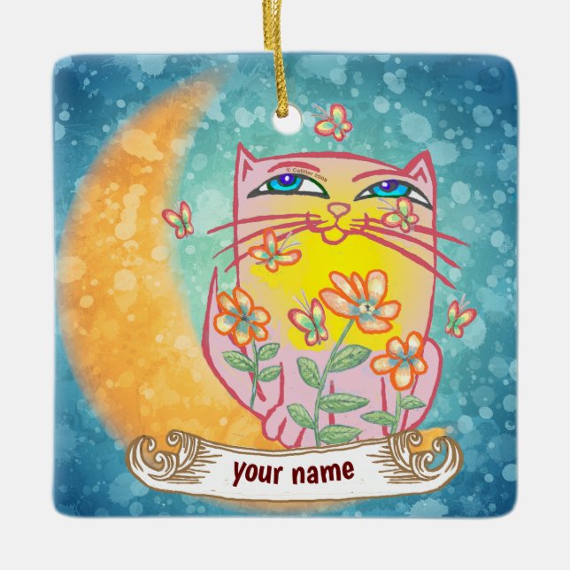 Moon Cat Flowers  Ceramic Ornament (Front)