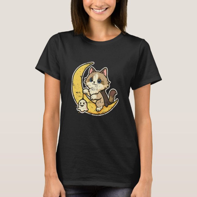Moon Cat with Tiny Ghost T-Shirt (Front)