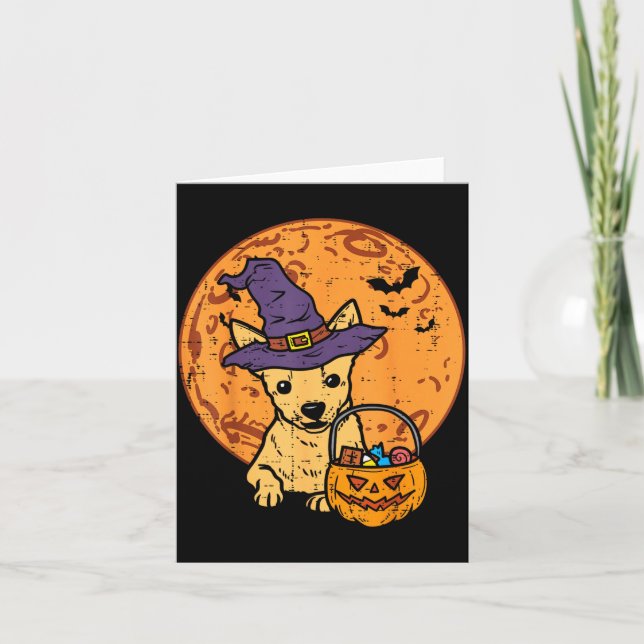 Moon Chihuahua Witch Jack O Lantern Halloween Card (Front)