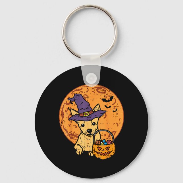 Moon Chihuahua Witch Jack O Lantern Halloween Key Ring (Front)