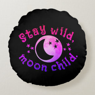 Moon Child Stay Wild Pink Black Stars Galaxy Round Cushion