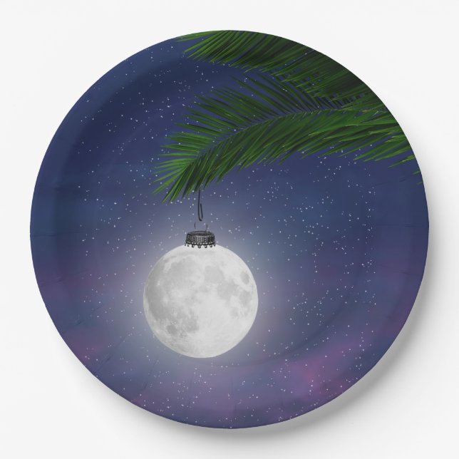 Moon Christmas Ornament On Palm Tree Paper Plate (Front)