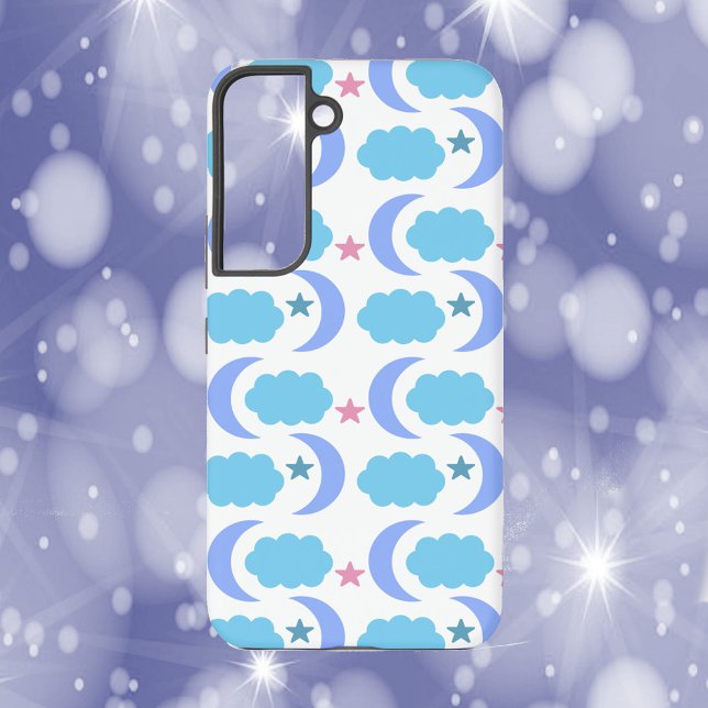 Moon Cloud Stars Blue Purple Pink Samsung Galaxy S22 Case (A phone case with a pattern of moons, stars and clouds in blue, purple & pink.)