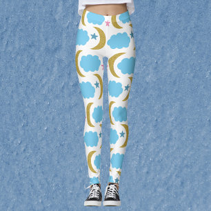 Moon Cloud Stars Faux Gold Glitter Pattern Leggings