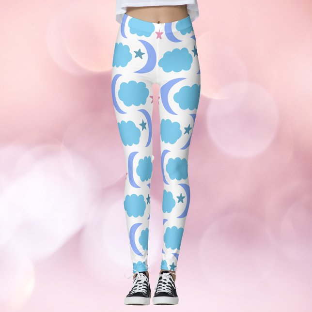 Moon Cloud Stars Pattern Blue Purple Leggings (A pair of leggings with a pattern of purple moon, blue clouds and pink stars)