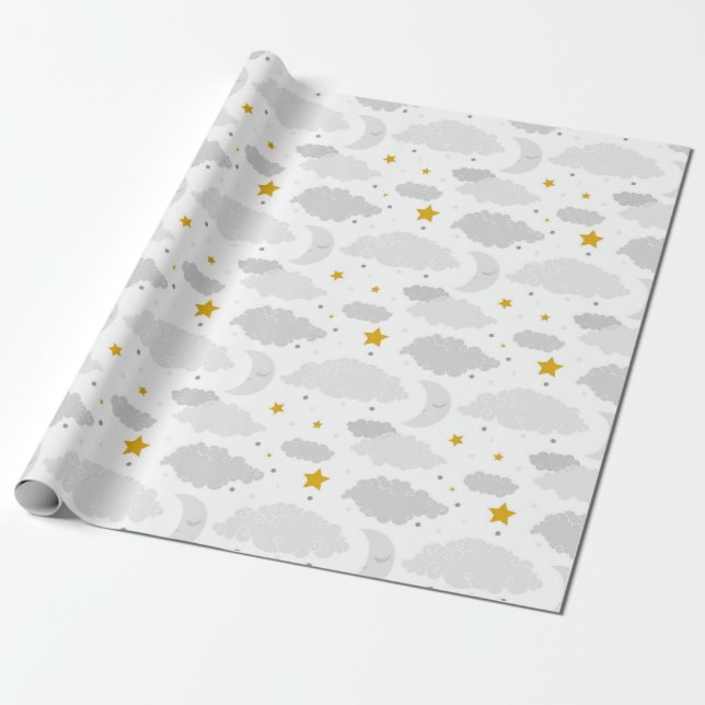 Moon, Clouds And Stars Baby Shower Pattern Wrapping Paper (Unrolled)